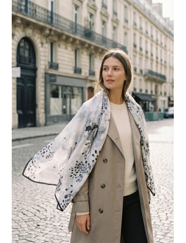 Peacock Black White Silk Scarf